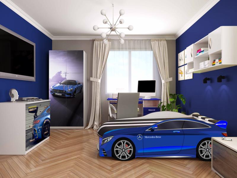 Кровать машина БМВ Спейс синяя (с матрасом, мягким спойлером и подушкой)