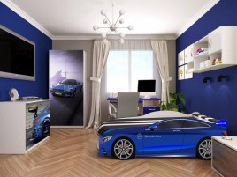 Кровать машина БМВ Спейс синяя (с матрасом, мягким спойлером и подушкой) - фото 0